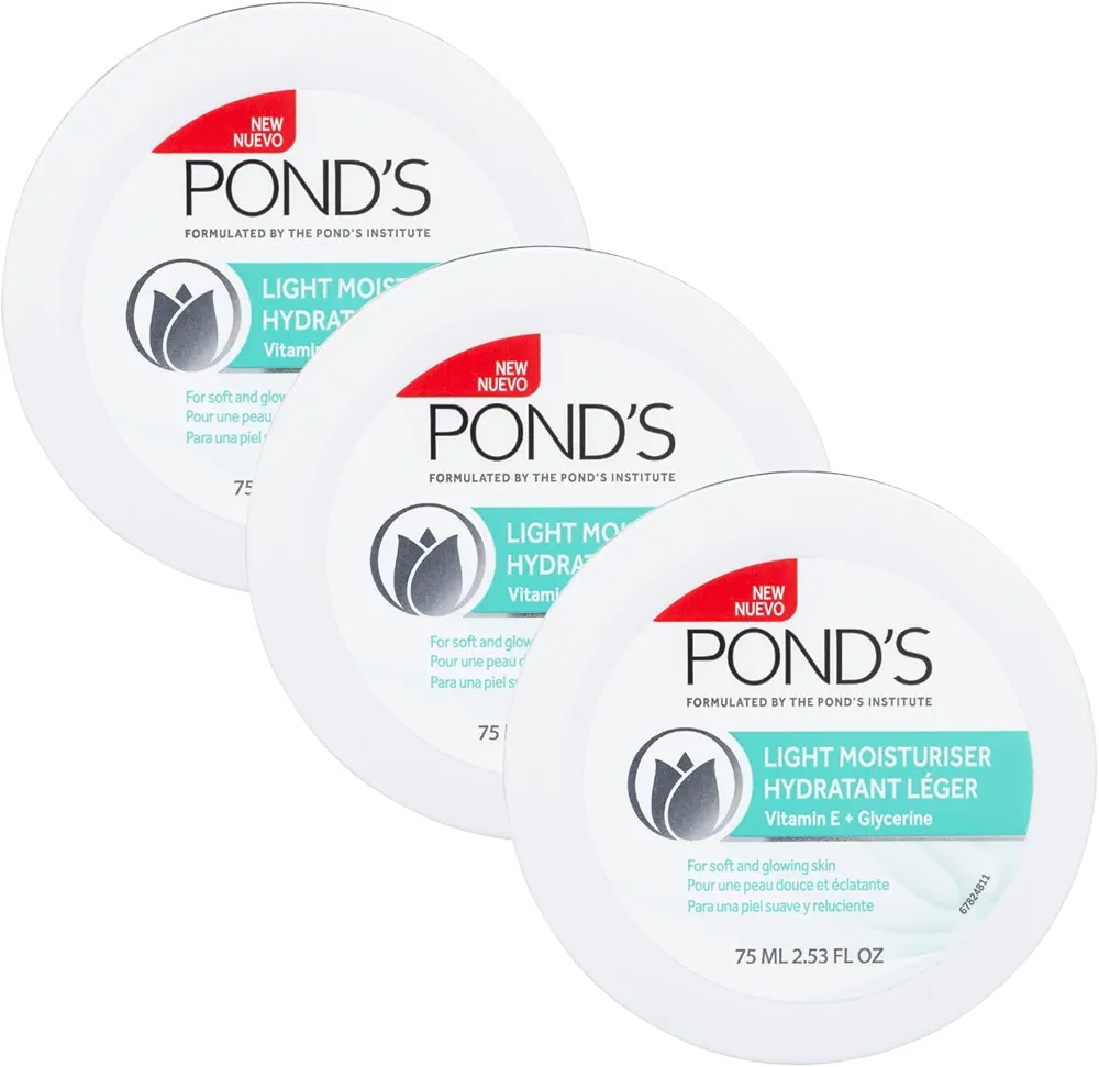 Pond's Light Moisturizer Cream, For Soft and Glowing Skin, Vitamin E, 3-Pack of 2.53 Fl Oz Each