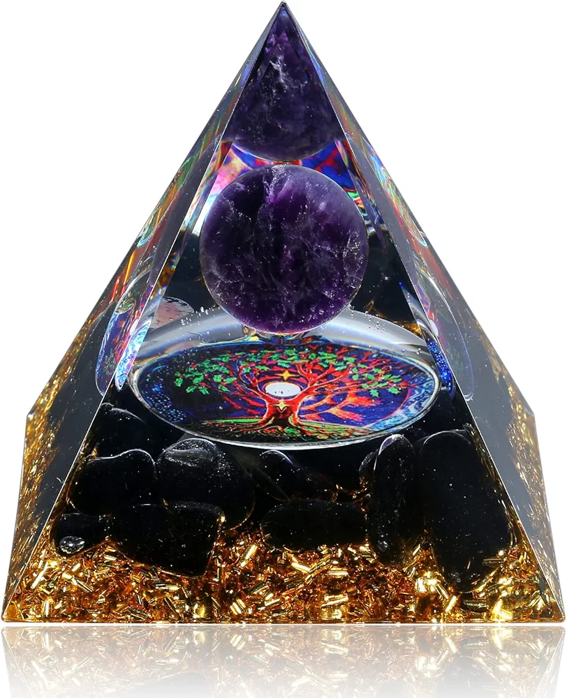 Orgone Pyramid Tree of Life Orgonite Amethyst&Obsidian Healing Crystal Pyramid Positive Energy Generator for Reduce Stress Chakra Healing Meditation Attract Lucky, with 2 White Crystal Stones