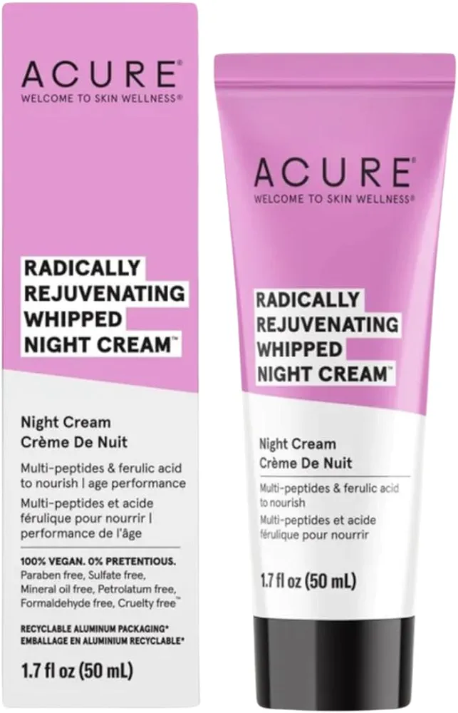 ACURE Radically Rejuvenating Whipped Night Cream - Anti-Aging Support, Multi-Peptides, Ferulic Acid & Vitamin C - Ultimate Night Repair, Hydrate and Rejuvenate - Vegan Plant Based-Infused - 1.7 Fl Oz