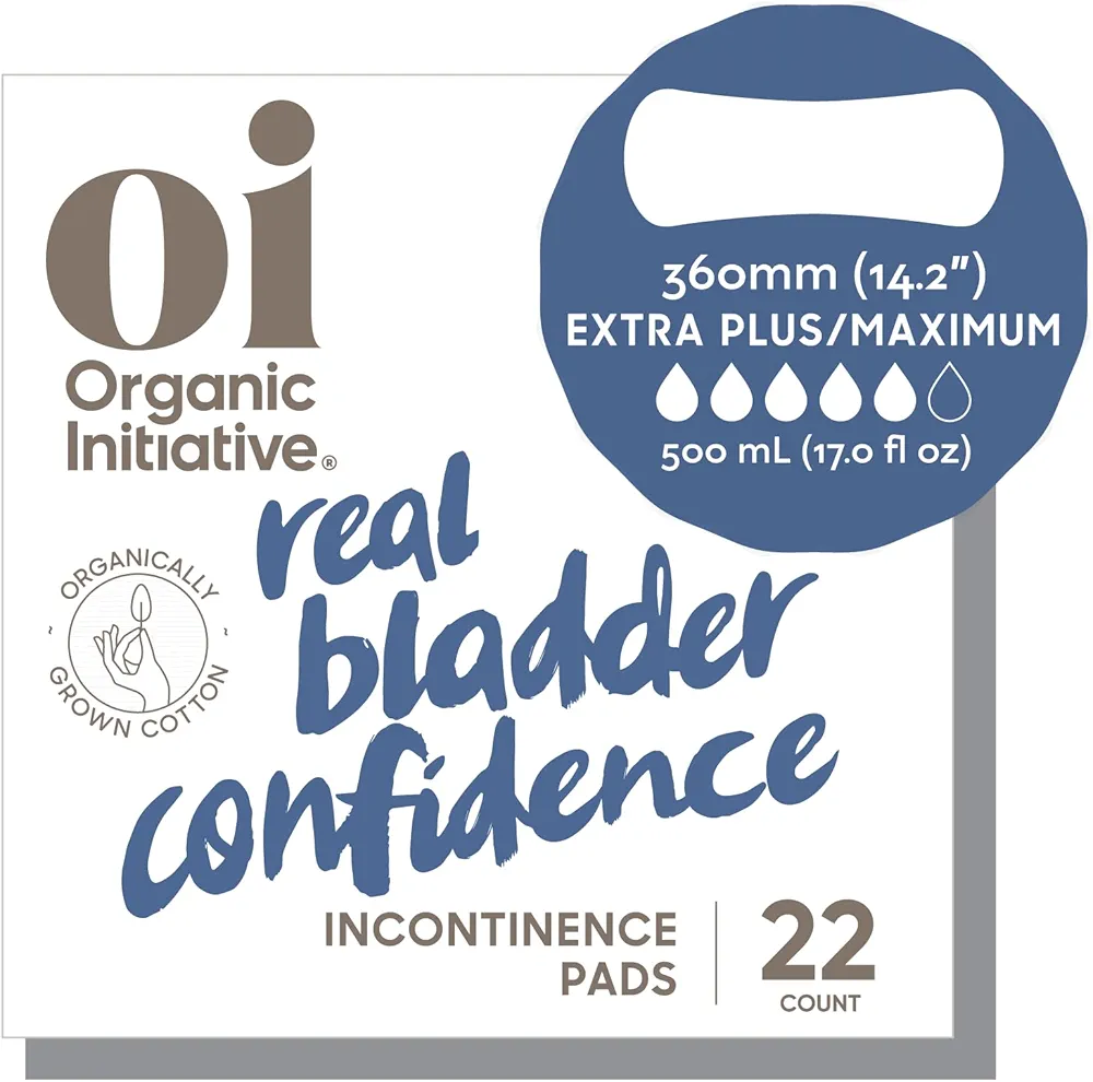 Oi | Organic Initiative Incontinence Pads, Organic Cotton Topsheet, Odor Control, Breathable and Hypoallergenic, Absorbs up to 17 floz, Suitable for Postpartum, Extra Plus/Maximum (14.2") 22 Pads