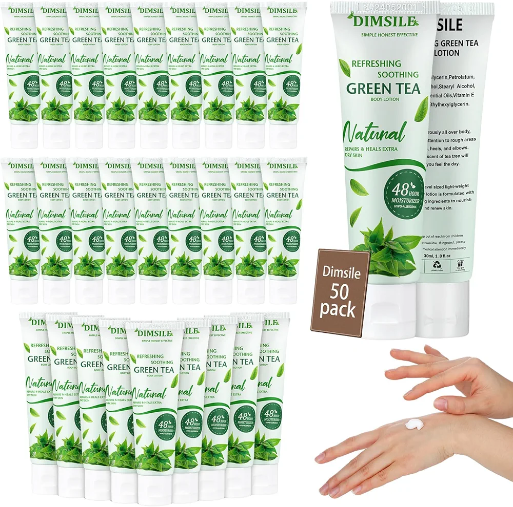 50 Pack Green Tea Travel Size Body Lotion 1 Oz Dry Skin Moisturizer with Flip Cap for Extra Dry Skin, for Inns and Hotels, Airlines, Offices, Gyms and More