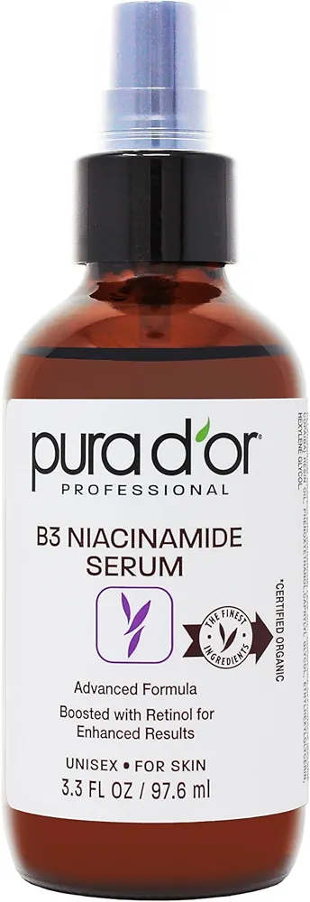 PURA D'OR 3.3 Oz B3 Niacinamide Advanced Facial Serum - Skin Brightening Anti-Aging Formula with Retinol For Wrinkles, Hydration & Radiant Complexion - All Skin Types, Hypoallergenic - Women & Men