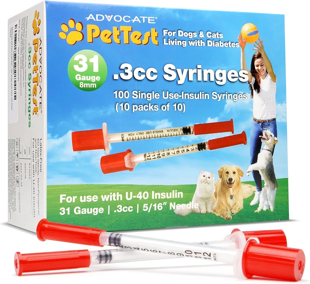 PetTest U-40 Pet Insulin Syringes With Needles - Comfortable Thin 31 Gauge Needles - For Cats & Dogs - Pets Diabetic Supplies - 100 Pack - Thinnest 31G, 5/16" long needle, 1/3cc (0.3cc) Volume