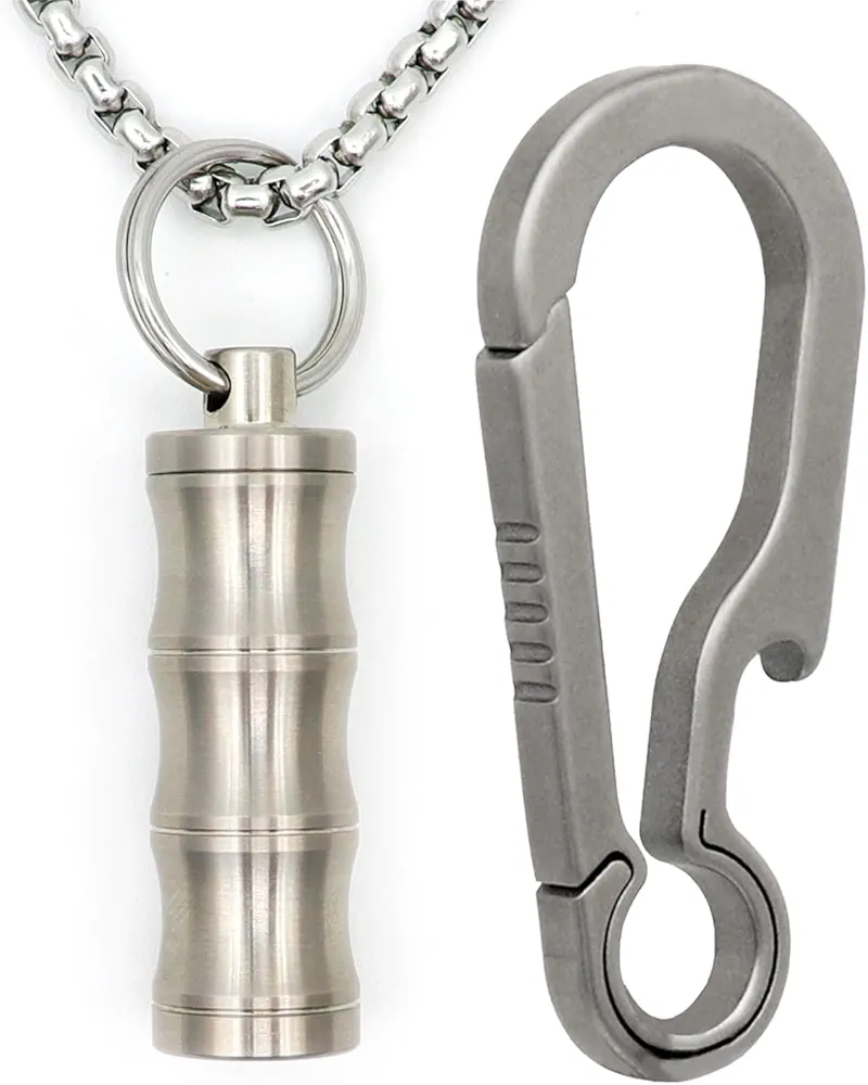 Ultra-Light Titanium Keychain Pill Holder Necklace with Titanium Key Clip Bundle