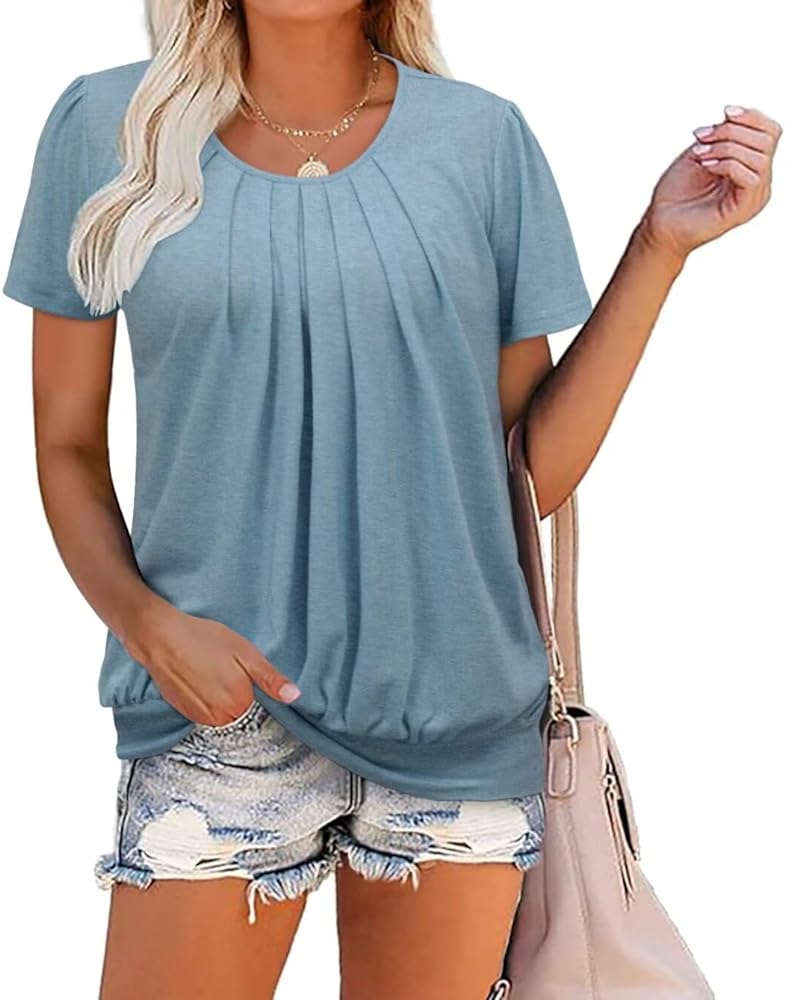 ZOLUCKY Womens Casual Short Sleeve Tunic Tops Scoop Neck T Shirts Summer Loose Fit Tunics