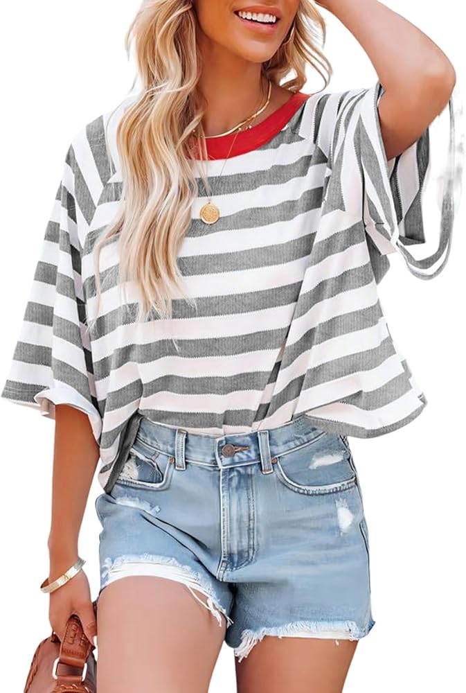 Dokotoo Tops for Women Striped 2024 Fashion T Shirts for Women Color Blocking Design Loose Basic Tee