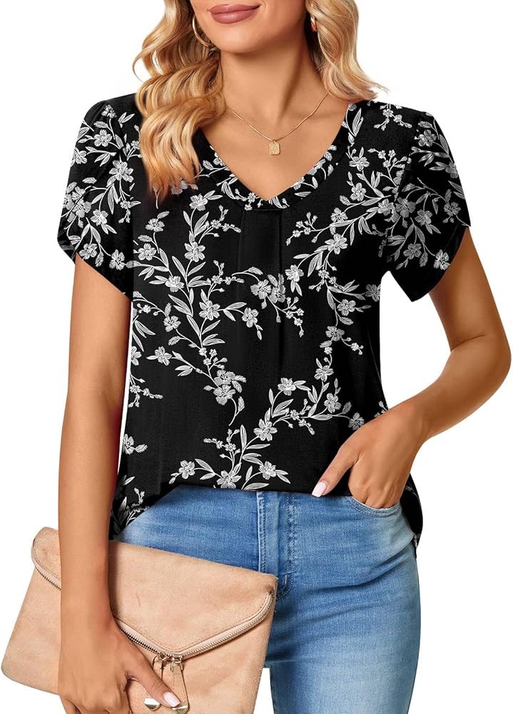 Bestbee Women's Short Sleeve Tops V Neck Petal Sleeve Shirts 2024 Cute Summer Casual T-Shirts Loose Fit Blouses