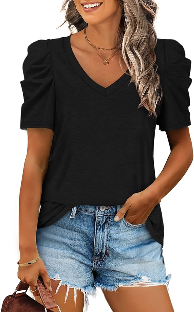 XIEERDUO Womens Summer Shirt V Neck Casual Tshirts Puff Sleeve Tops for Women Solid Color XS-3XL