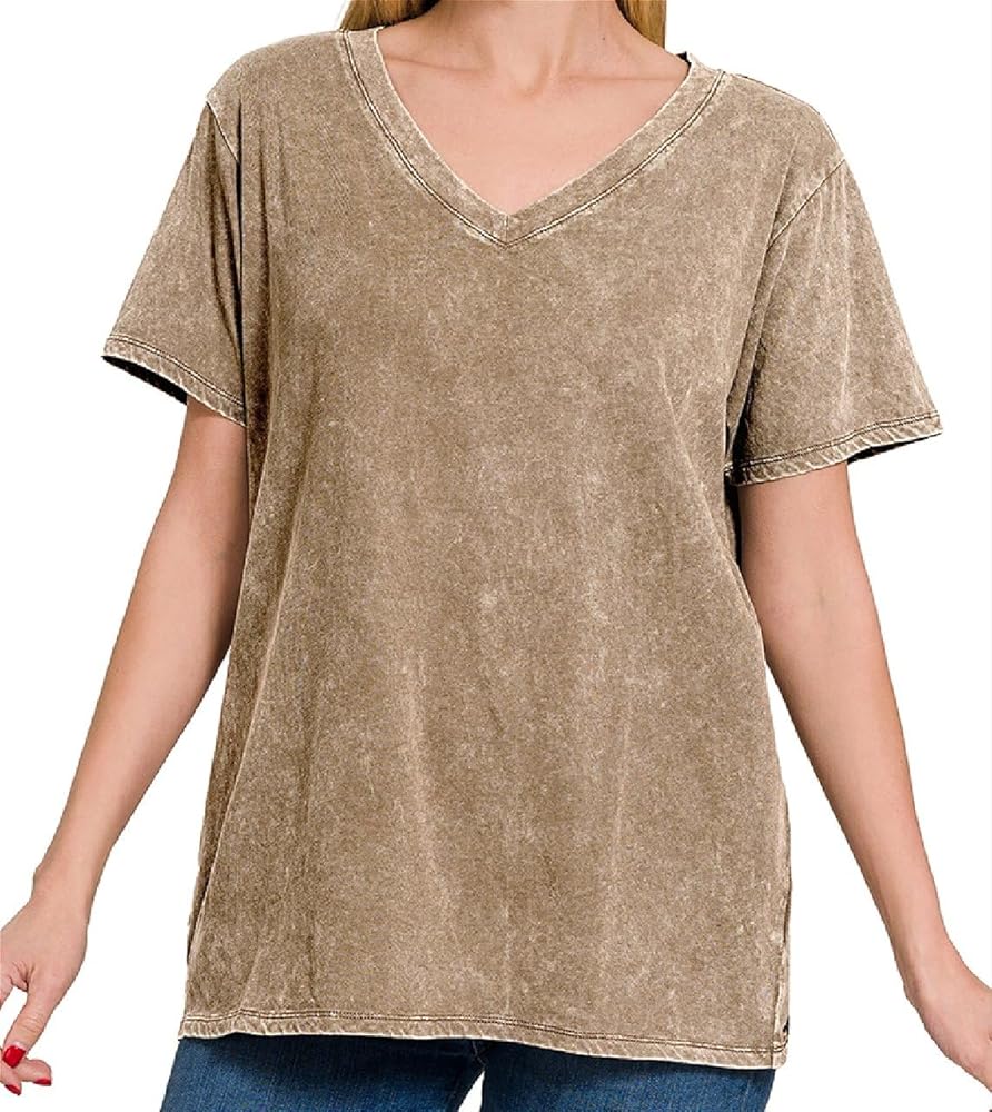 Dreamer P Women’s Short Sleeve V Neck Mineral Wash Cotton T Shirt Top Blouse Tunic S-3XL