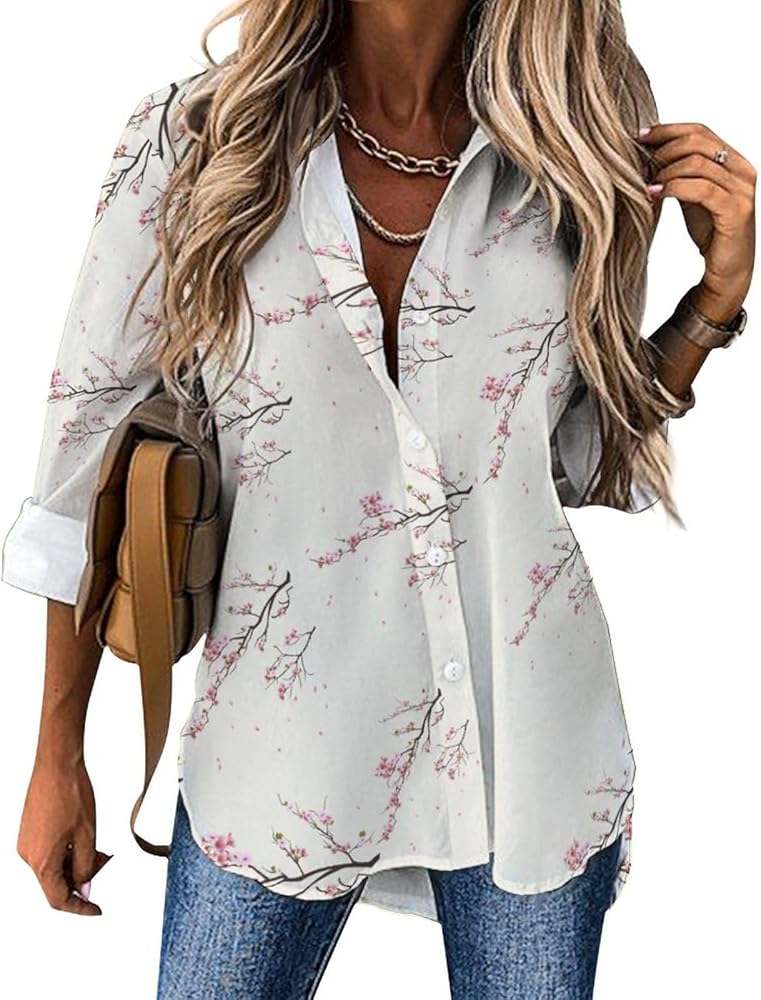 Pink Cherry Blossoms Long Sleeve Shirts for Women Irregular Hem Button Down Blouse Loose V Neck Tees Top