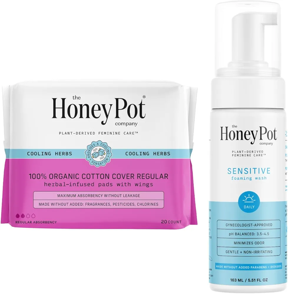 The Honey Pot Company - Regular Pads & Sensitive Feminine Wash Bundle - Herbal Infused Natural Hygiene Feminine Products - pH Balanced - Sanitary Pads for Women - Feminine Care - FSA & HSA Eligible