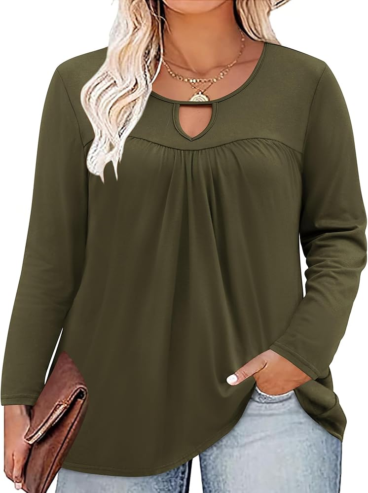 Miladusa Plus Size Tops for Women Long Sleeve Shirts Keyhole Crewneck Pleated Tunics Tee Blouse L-4XL