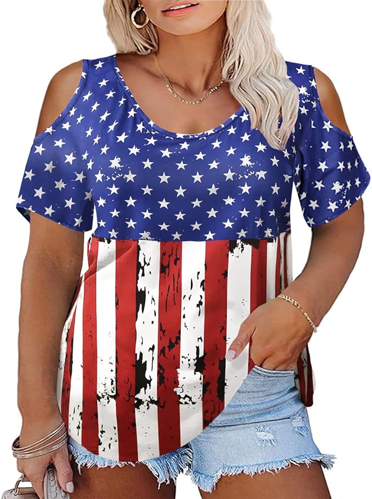 RITERA Plus Size Tops for Women Cold Shoulder American Flag T Shirt USA Star Stripes Fourth July Tee Shirts Casual America Flag Print V Neck Tee Tops 2XL 18W 20W