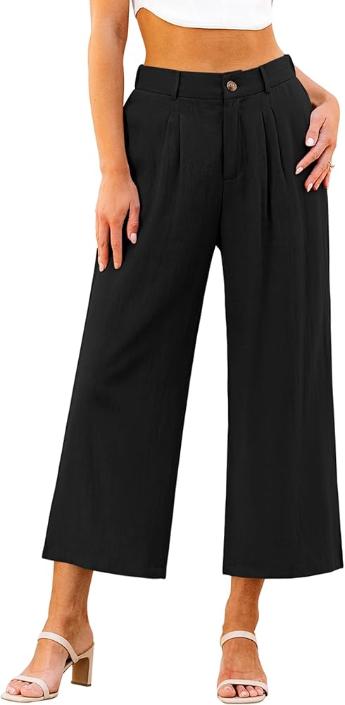 GRAPENT Wide Leg Capri Pants for Women High Waisted Linen Flowy Pleated Capris Cropped Trousers Pants Dressy Casual