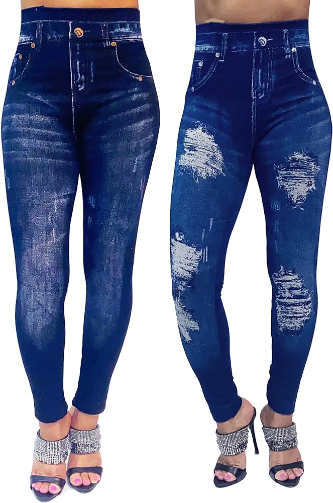 Women's Denim Print Seamless Full Leggings for All Seasons - One Size Fits Small and Medium