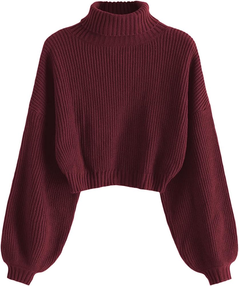 ZAFUL Women's Crew Neck Long Sleeve Pullover Crop Sweater Mock Neck Lantern Sleeve Ribbed Knit Jumper Sweater