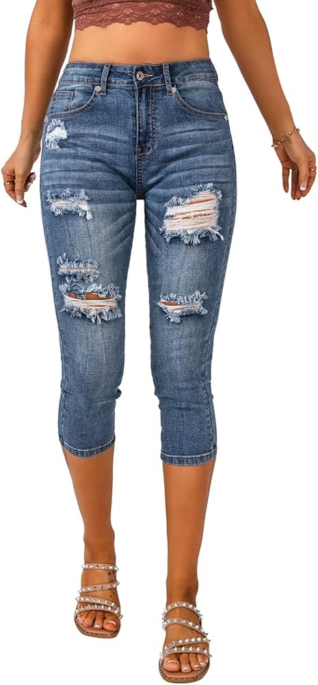 Vetinee Women's High Waisted Casual Ripped Skinny Slim Fit Stretch Denim Capri Jeans