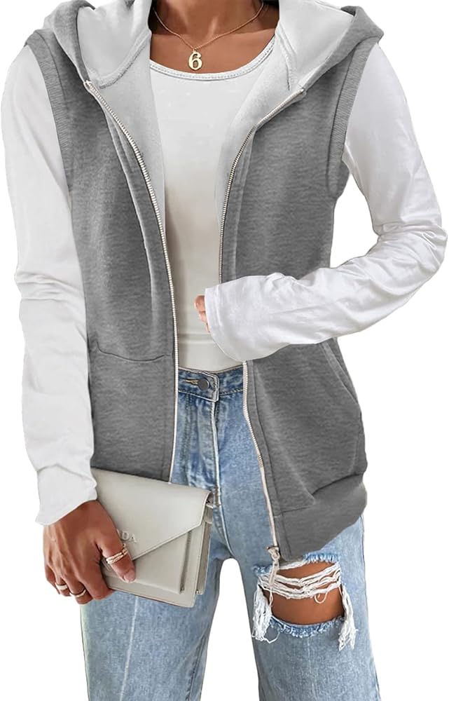 Yousify Women's Casual Thermal Sleeveless Plush Zip Up Vest Basic Hoodie Sweatshirt with Pockets