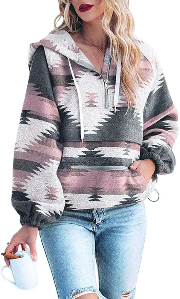 chouyatou Women's Tribal Aztec Print Hooded Half Zip Fuzzy Fleece Hoodie Sweatshirt Tops