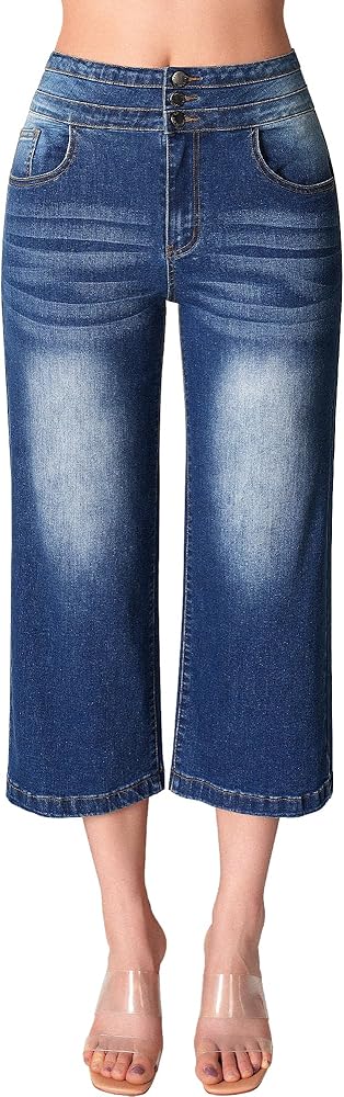 roswear Women's Wide Leg Capri Jeans Stretchy High Waisted Baggy Jeans Denim Capris with Pockets