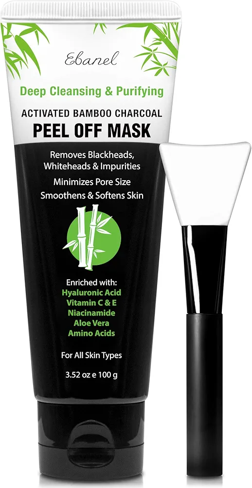 Ebanel Blackhead Remover Charcoal Peel Off Face Mask with Brush, Deep Cleansing Purifying Charcoal Mask Pore Cleaner Minimizer with Niacinamide, Hyaluronic Acid, Aloe, Green Tea, Brush May Vary