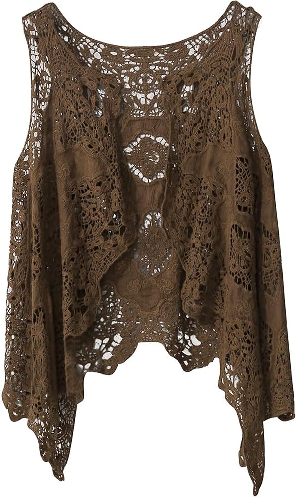 Flygo Women's Open Front Cotton Crochet Lace Boho Hippie Butterfly Vest Cardigan Coverup Sleeveless Irregular Hem