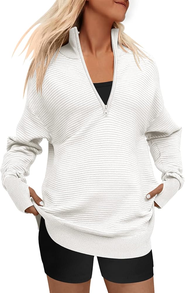 ANRABESS Women's 2024 Fall Long Sleeve Half Zip Casual Oversized Ribbed Knit Pullover Sweater Top Thumb Hole Trendy Outfits