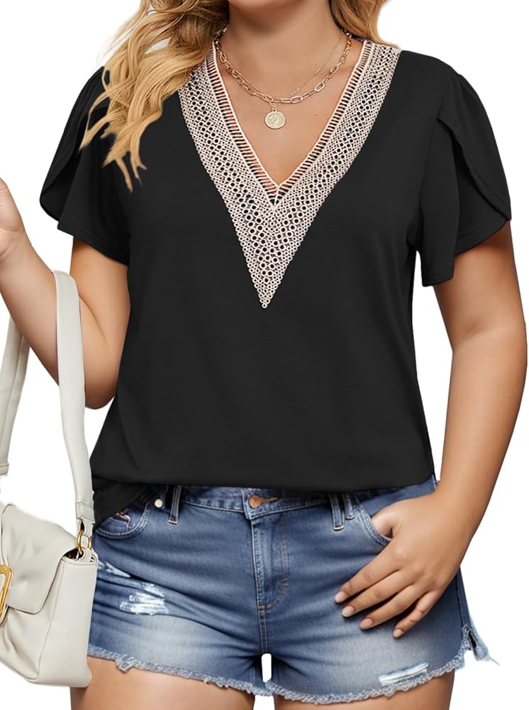 Plus-Size-Womens-Summer-Tops 2024 Lace Trim V Neck T Shirts Petal Short Sleeve Tunics Trendy Going Out Blouses XL-5XL