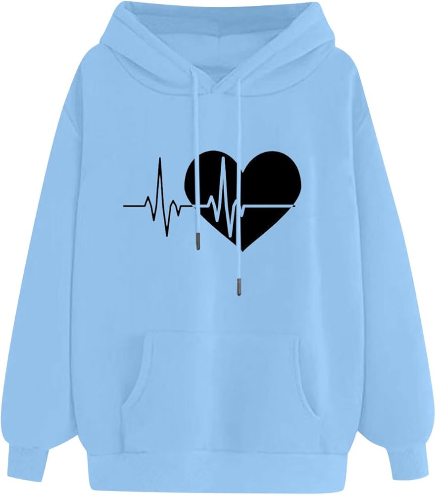 DOLKFU Women's Long Sleeve Oversized Hooded Sweatshirts Fashion Heart Graphic Pullover Drawstring Casual Hoodies