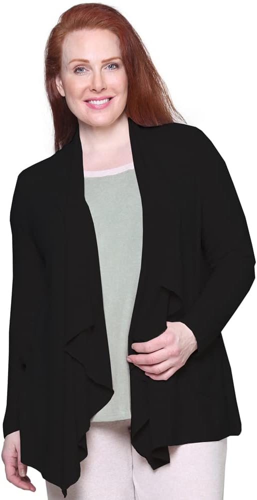 LA CERA Womens Fleece Cardigan - Open Front Flyaway Lounge Jacket with Pockets