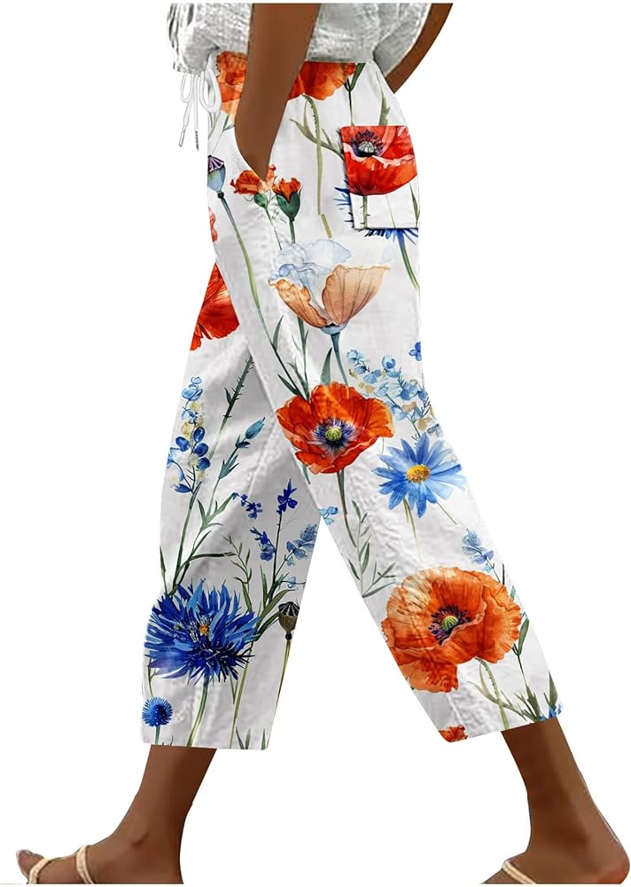 Hawaii Capri Pants for Women Casual Tropical Floral Print Pants Elastic High Waist Drawstring Summer Beach Trousers