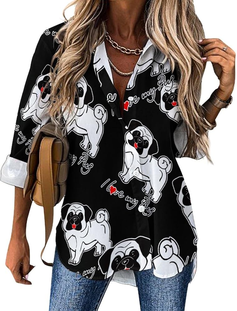 I Love My Pug2 Classic Shirts for Women Long Sleeve Blouse Casual V Neck Tee Tops Work Office