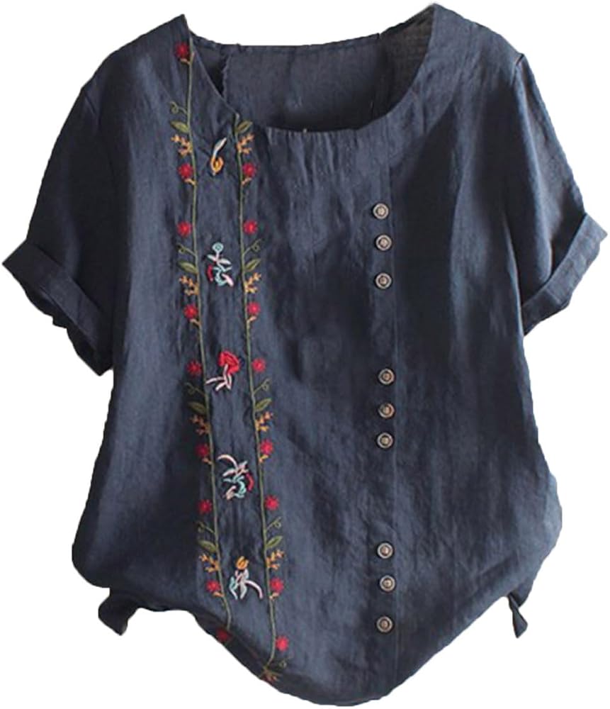 Embroidered Tops for Women Cotton Linen Shirts Loose Fit Boho Peasant Blouse 2024 Summer Casual Short Sleeve Tshirts