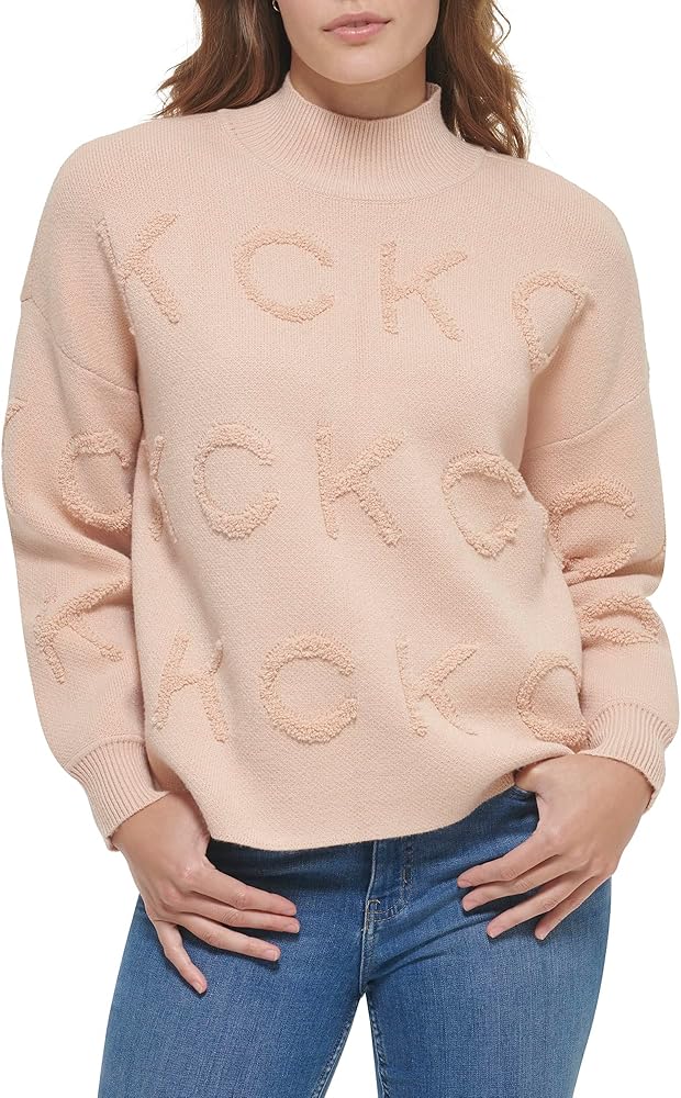 Calvin Klein Women's Heavy Turtleneck Jacquard Long Sleeve Ck Logo Sweater