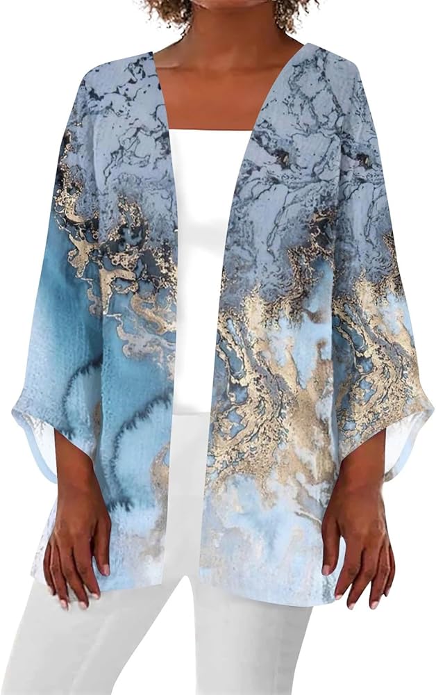 Long Sleeve Kimono for Womens Retro Print Casual Duster Blouse Tops Coat 3/4 Sleeve Jackets Lightweight Cardigans