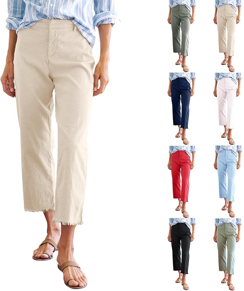 Women Linen Pants Wide Leg Cropped Pants with Raw Hem Casual Chino Pants with Pockets Loose Dressy Sailor Pants