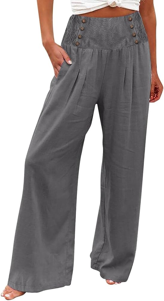 Summer Linen Pants for Women Comfy Smocked High Waist Wide Leg Pants Casual Flowy Palazzo Beach Pants with Pockets