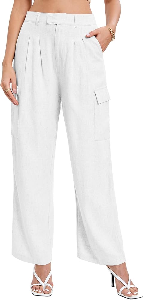 Famulily Comfy Pleated Linen Pants for Women Casual High Waisted Wide Leg Cargo Pants with Pockets