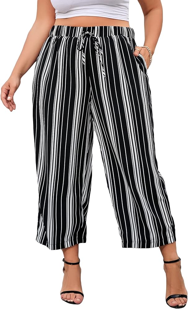 WDIRARA Women's Plus Size Striped Palazzo Pants High Waisted Wide Leg Cropped Trousers