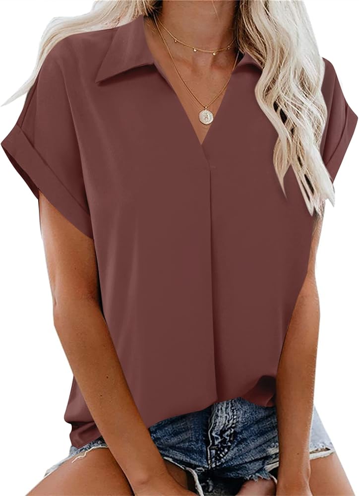 Gaharu Women's Summer Work Blouse V Neck Short Sleeve Lapel Shirt Top Tunic