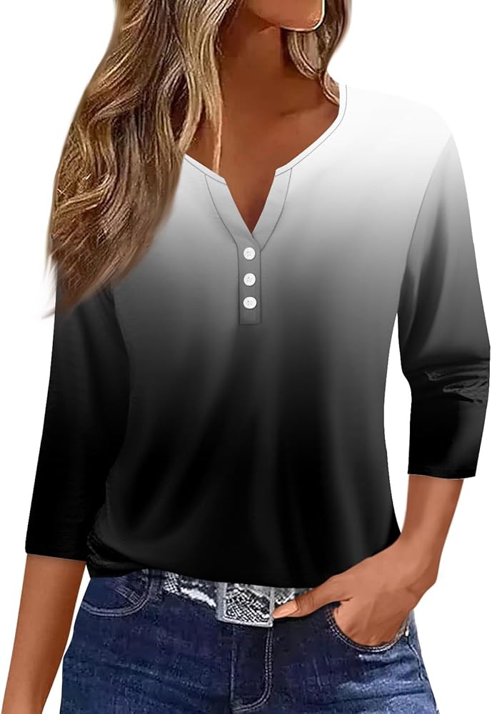 Dressy Tops for Women 3/4 Sleeve V Neck Cute Tee Summer Dressy Tunic Tops Casual Button Graphic Outfits