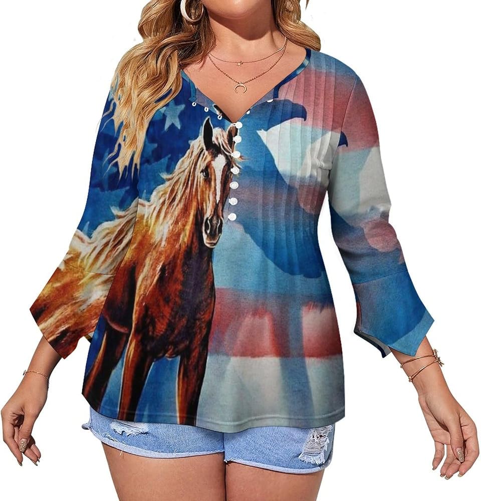 Horse Bald Eagle American Flag Cute Womens T-Shirts 3/4 Sleeve Button Down Tee Tops Blouse Summer Beach