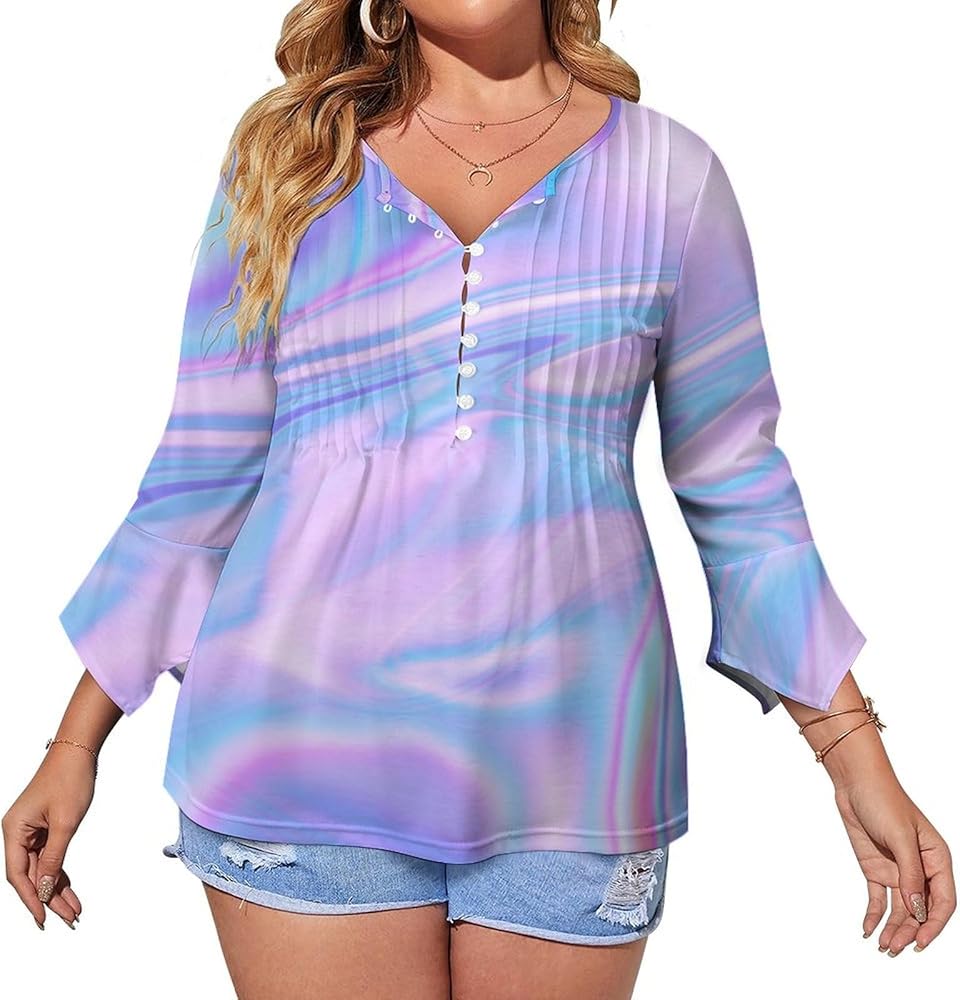 Pink Blue Stripe Art Marble Cute Womens T-Shirts 3/4 Sleeve Button Down Tee Tops Blouse Summer Beach