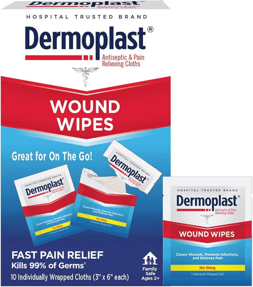 Dermoplast Wound Wipes Medicated First Aid Cloths, Analgesic & Antiseptic Wipes for Treating Minor Cuts, Scrapes and Burns on The Go, Sting Free Formula, 10 Individual Cloths (Packaging May Vary)