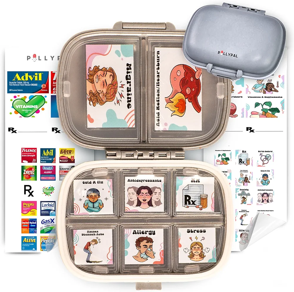 V2 Portable Travel Pill Organizer Holder with Stickers - 8 Slot Durable Compact Case to Organize Meds, Pills, Medicine, Prescriptions, Health Vitamins, Jewelry, Travel Essentials - Gray