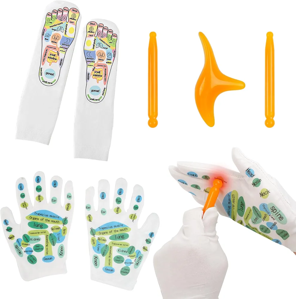 7 Pcs Reflexology Socks with Tools Set, 2 Pairs of Acupressure Socks and Gloves with 3 Massage Tools, Reflexology Tools for Hand and Foot Massage, Stress Relief Socks Gifts for Men and Women Birthday