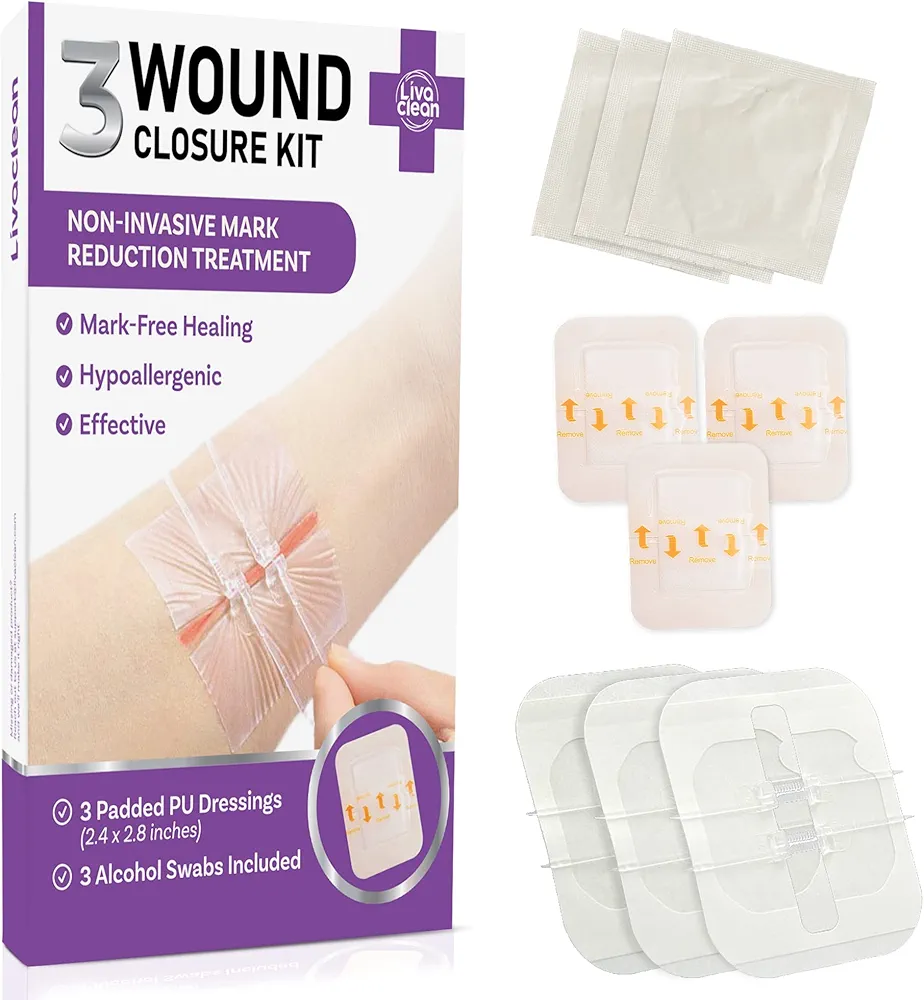 (3 CT) 2.3 X 2.3” Wound Closure Strips - Laceration Closure Kit - Zip Stitch Wound Closure Kit Device Zip Tie Skin Closure Butterfly Adhesive Steri Strips Wound Closure Glue Bandages Sutures