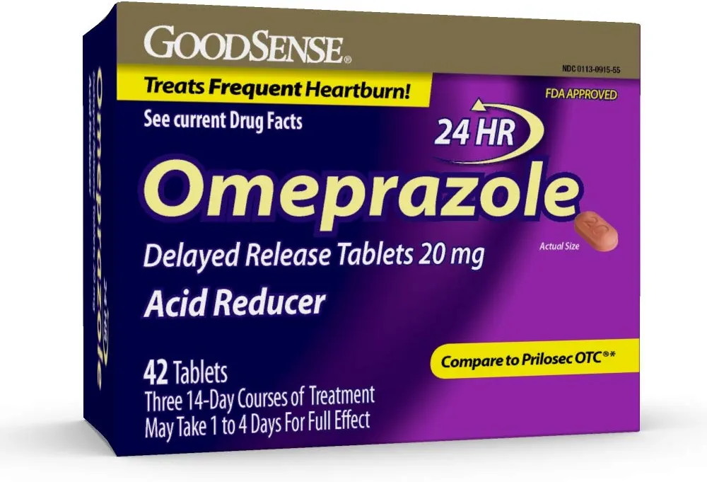 GoodSense Omeprazole Delayed Release Tablets 20 mg, Stomach Acid Reducer for Frequent Heartburn Treatment,Brown 42 Count