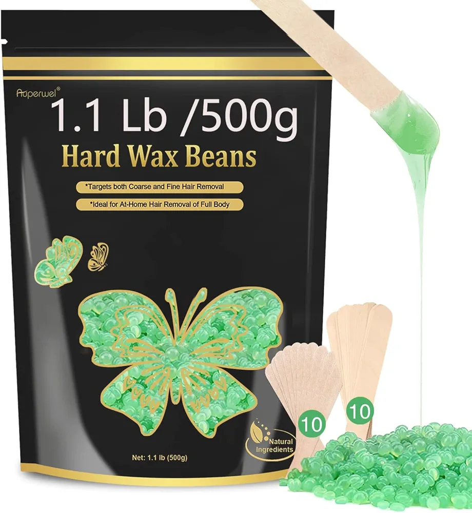 Hard Wax Beads for Hair Removal - 1.1lb/17.05oz Waxing Beads for Coarse Hair, Sensitive Skin, Brazilian Bikini,Underarms,Face,Body - Wax Beans Bulk with 20 Wax Sticks At Home Waxing Kit(Aloe)