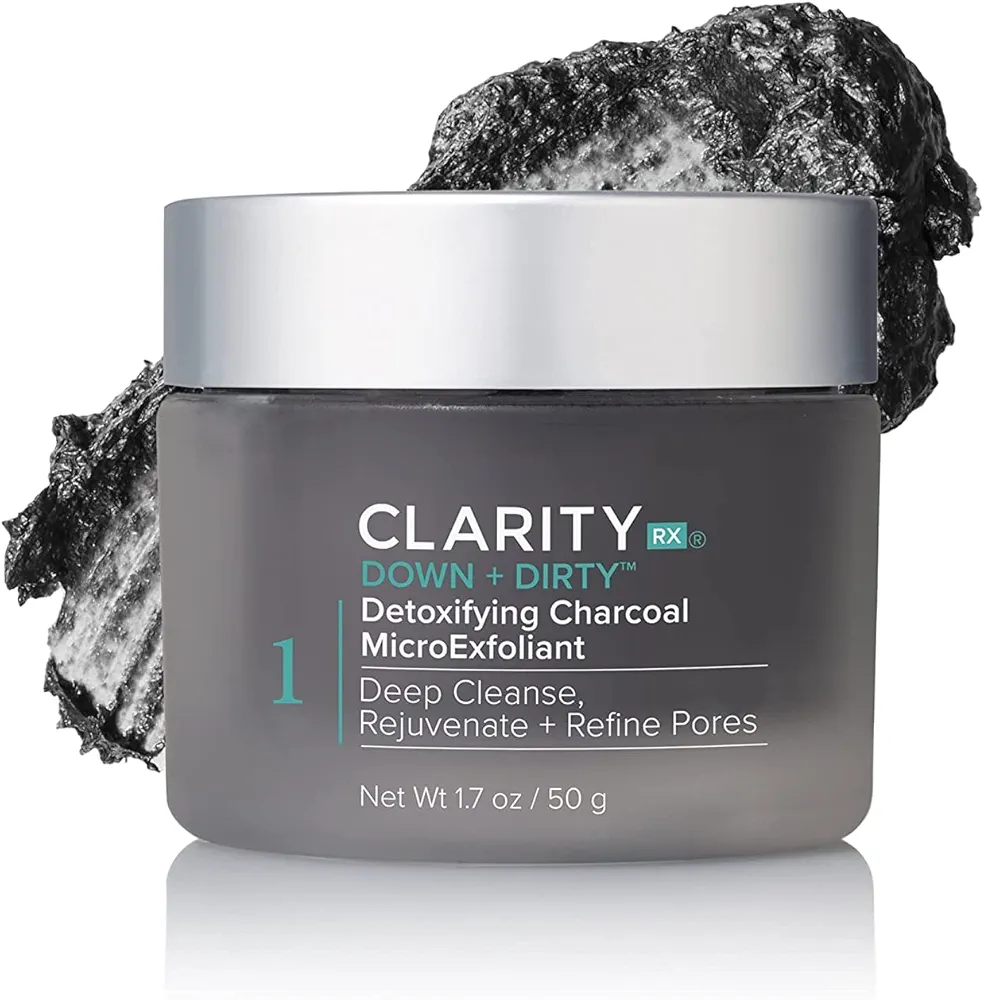 ClarityRx Down + Dirty Detoxifying Charcoal MicroExfoliant, Plant Based Exfoliating Scrub for Oily Skin, Paraben Free, Natural Skin Care (1.7 oz)